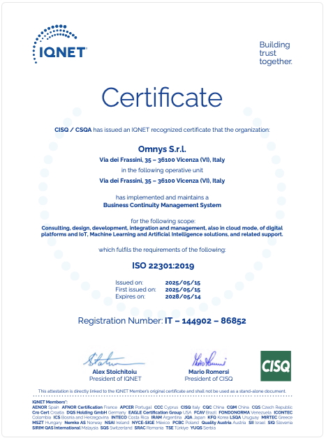 Omnys ISO 22301 Certificate