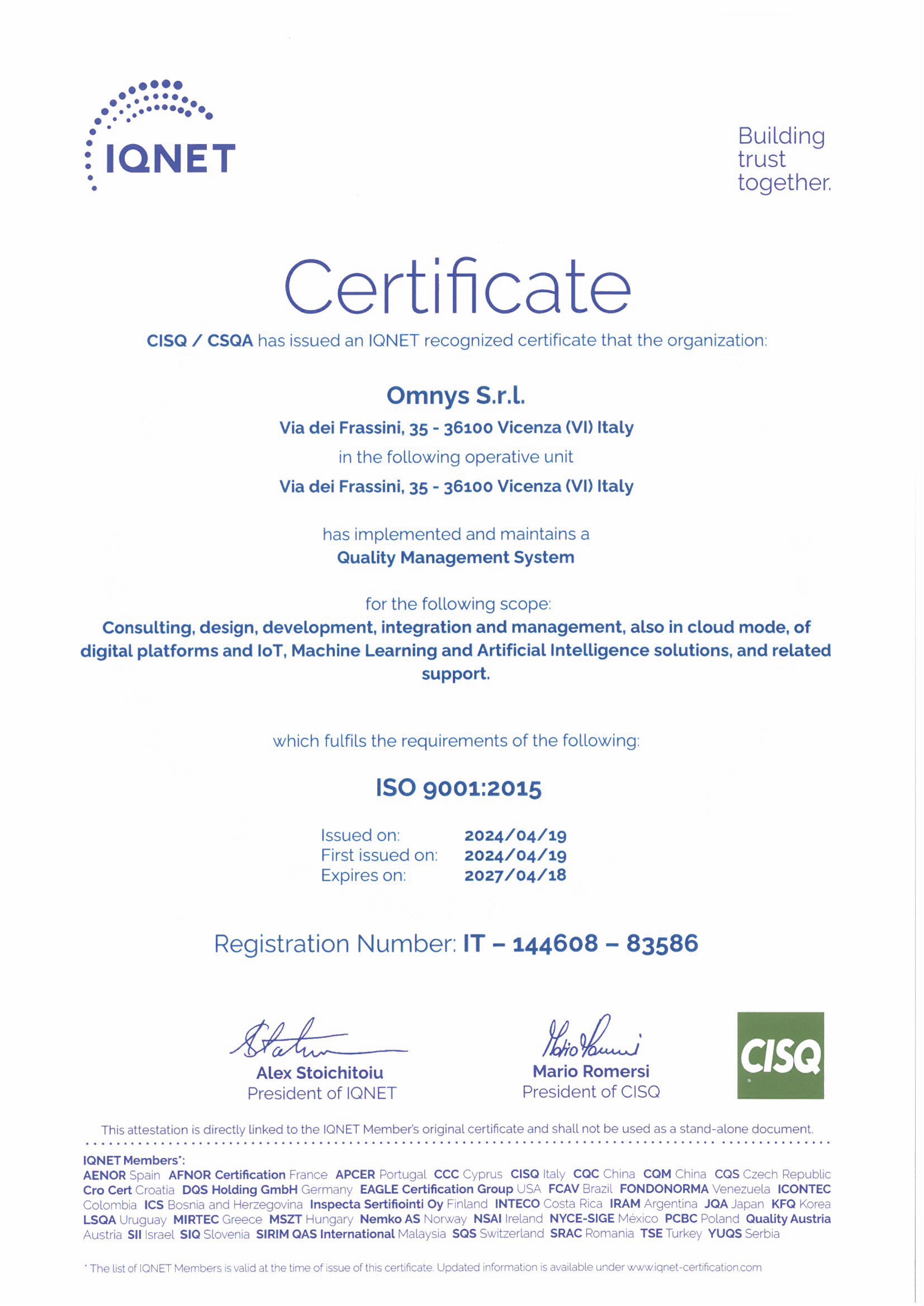 ISO 9001 Omnys Certificate