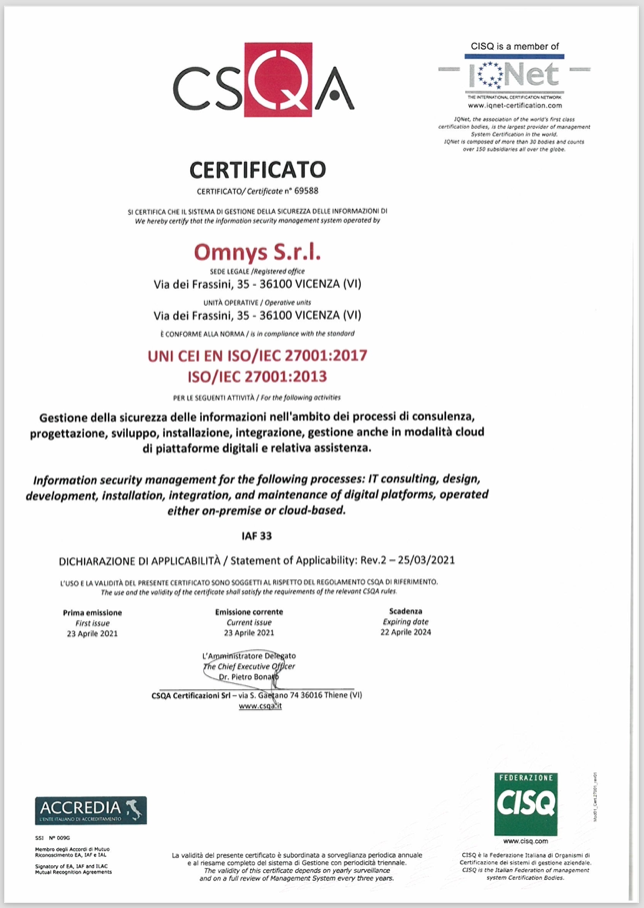 Certificato ISO 27001 di Omnys