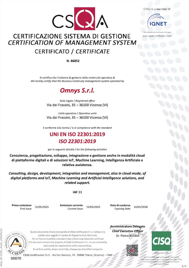 Certificato ISO 22301 di Omnys
