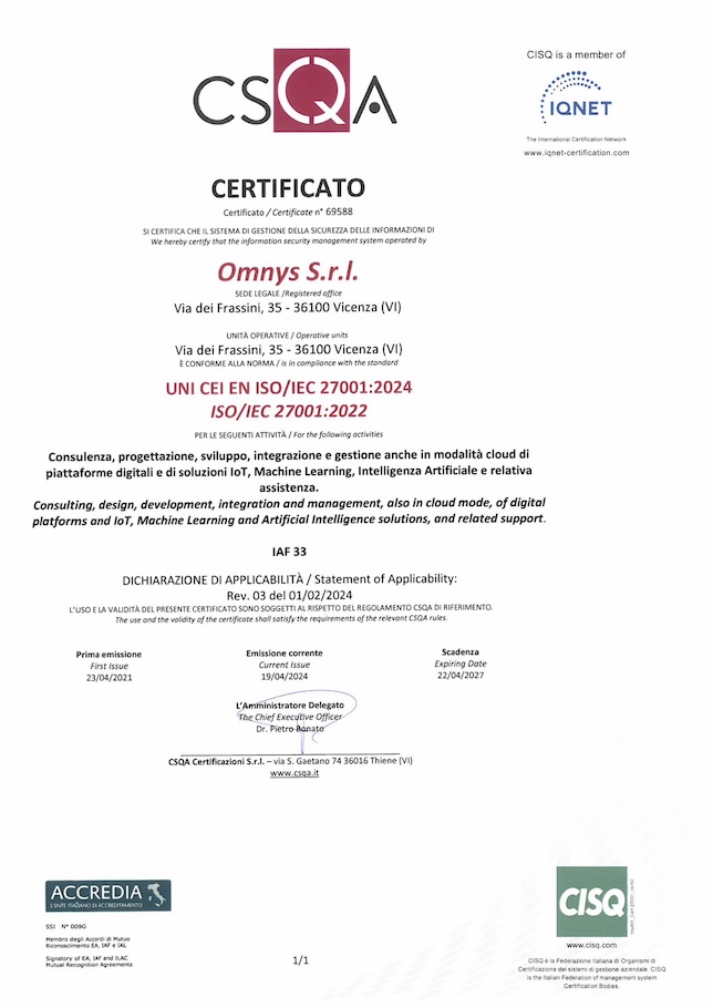 Certificato ISO 27001 di Omnys