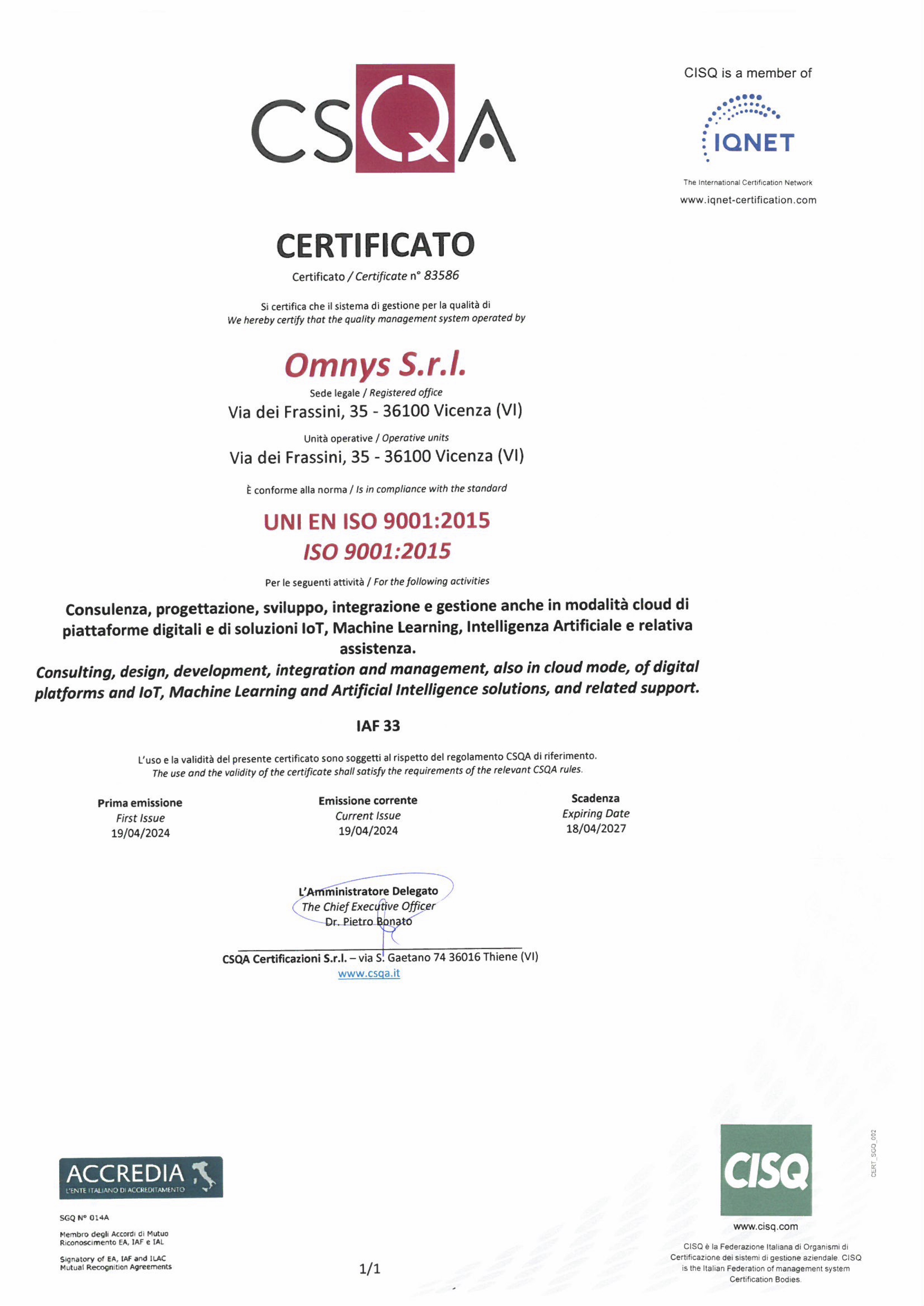 Certificato ISO 9001 di Omnys