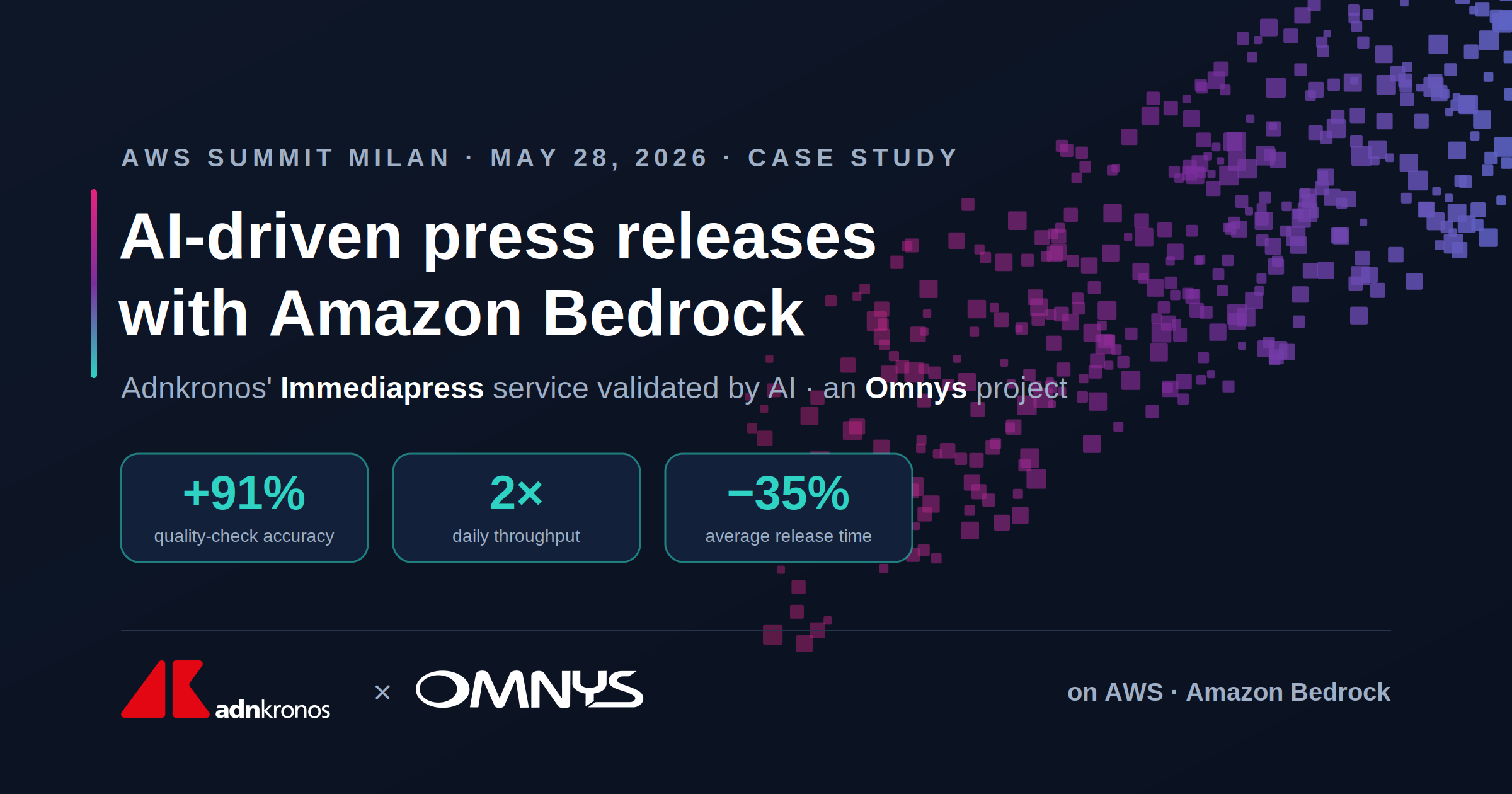 AWS Summit Milan 2026 — AI-driven press releases with Amazon Bedrock: Adnkronos and Omnys case study with the results +91% accuracy, 2× throughput, −35% release time