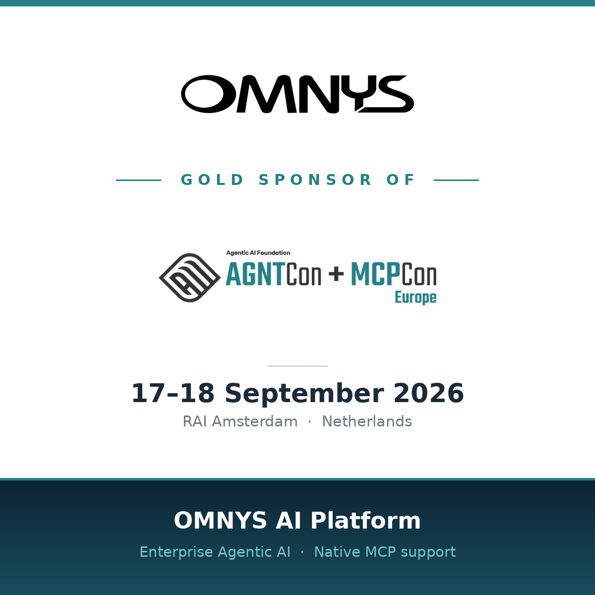 Omnys Gold Sponsor di AGNTCon + MCPCon Europe - RAI Amsterdam, 17-18 settembre 2026